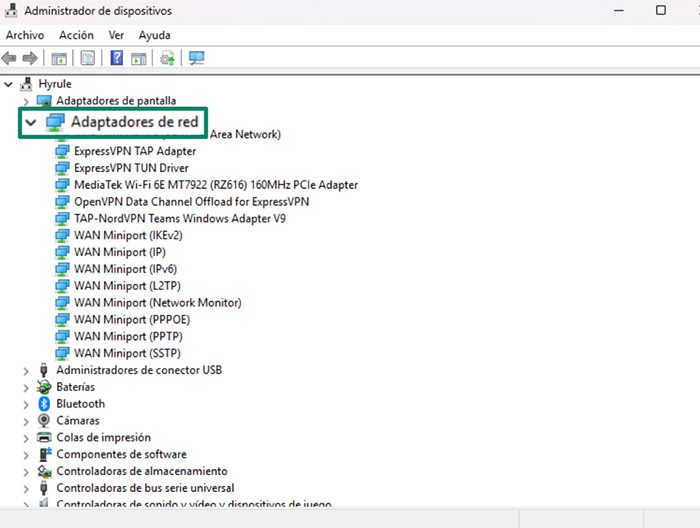 The Device Manager window, showing the Network adapters dropdown open.