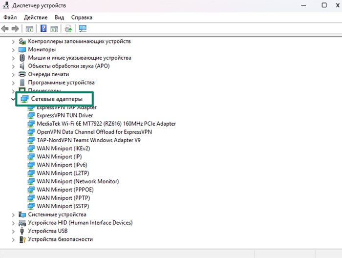 The Device Manager window, showing the Network adapters dropdown open.