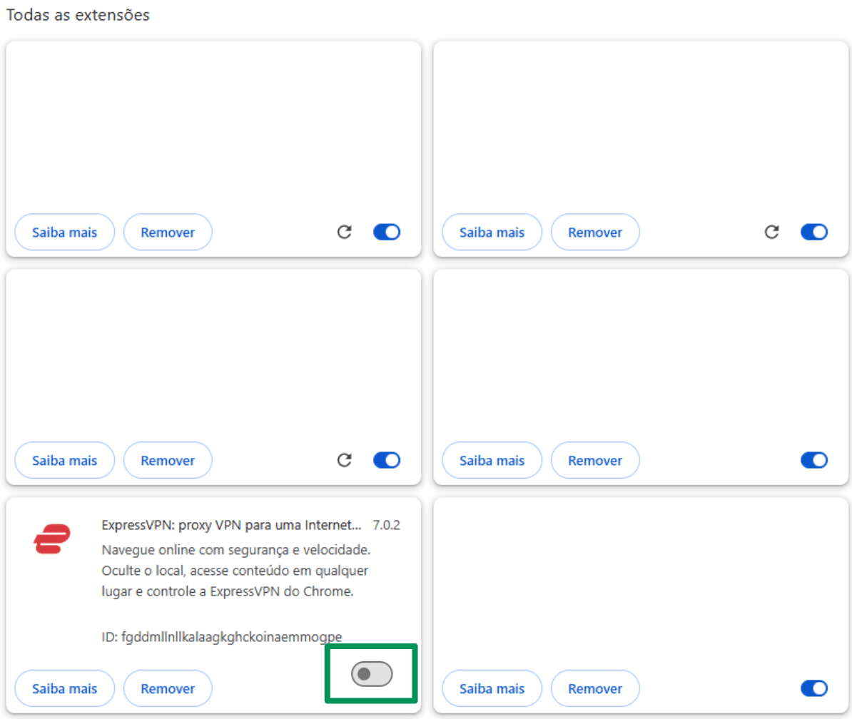 A screenshot of the Chrome Extensions page, showing the option to disable the ExpressVPN client.