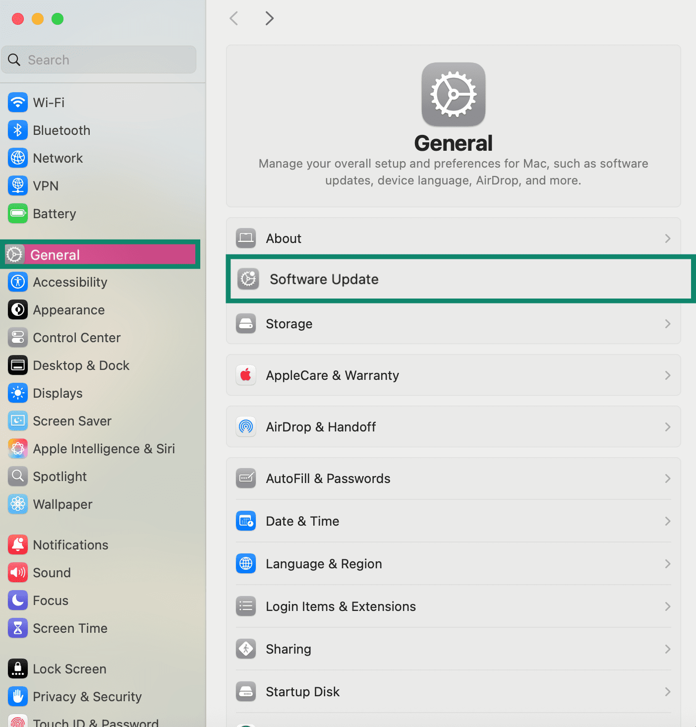 The General tab of the Mac settings window, with the Software Update menu highlighted.