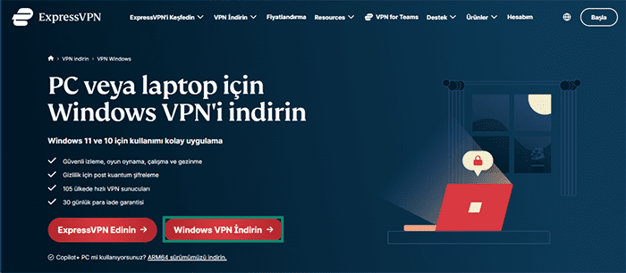 ExpressVPN's download page for the Windows app.