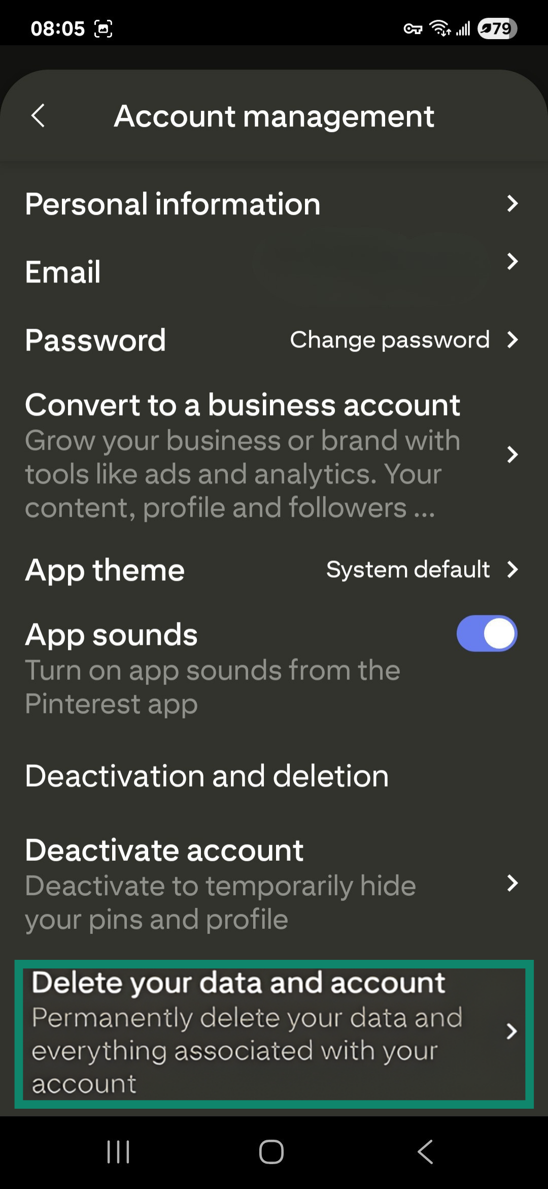 Android Pinterest app Your account menu with Account management highlighted.
