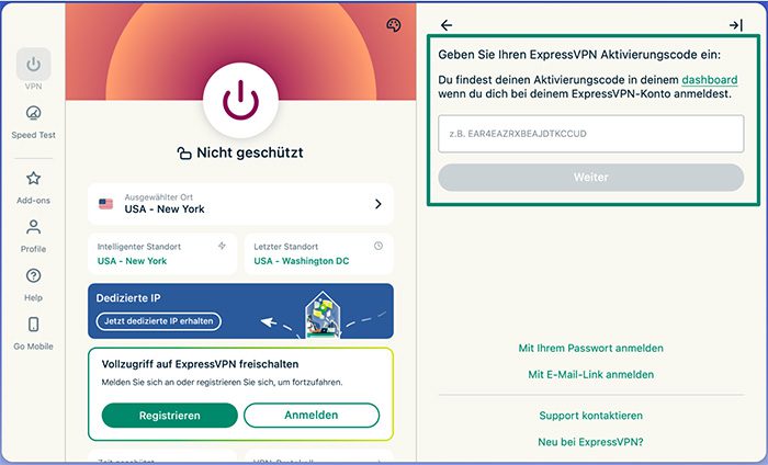 The ExpressVPN app on macOS, with a highlighted activation code field.