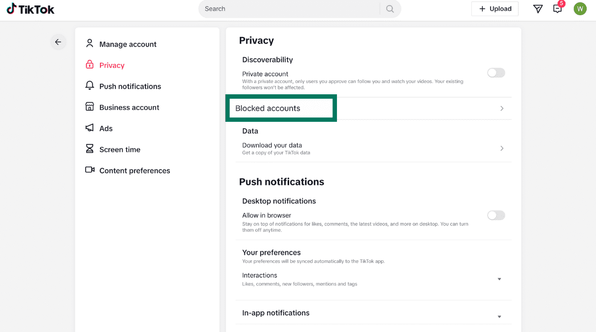 TikTok desktop Privacy settings screen with Blocked accounts option highlighted in the list.