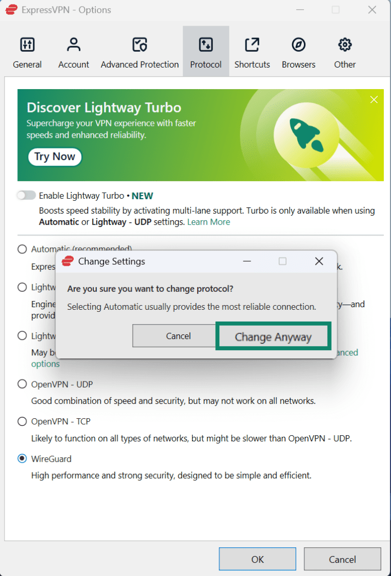 The Change Anyway prompt when choosing a protocol on the ExpressVPN app for Windows.