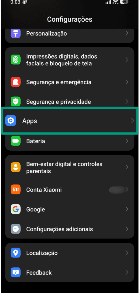 A screenshot of the Android Settings menu, showing the Apps menu option.