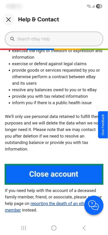 A part of eBay's account closure support article in the eBay mobile app. The "Close account" button is enlarged and highlighted.