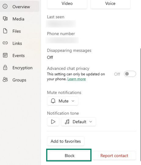 Image showing the block contact button on the WhatsApp desktop app.