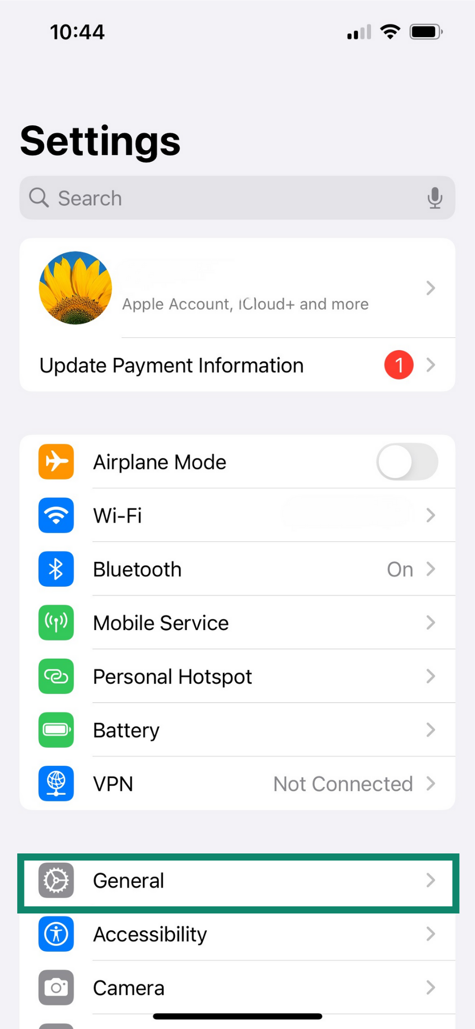 iPhone settings menu, highlighting the 