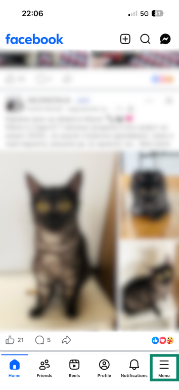 Facebook Feed on the iOS Facebook app. The main menu icon in the bottom right is highlighted.