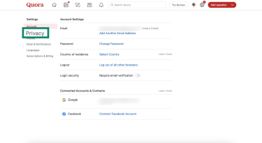 Quora Settings with Privacy highlighted.