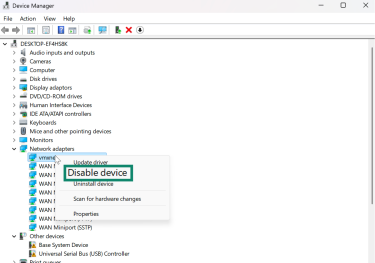 Windows' Device Manager with a highlighted "Disable device" option on one of the available network adapters.