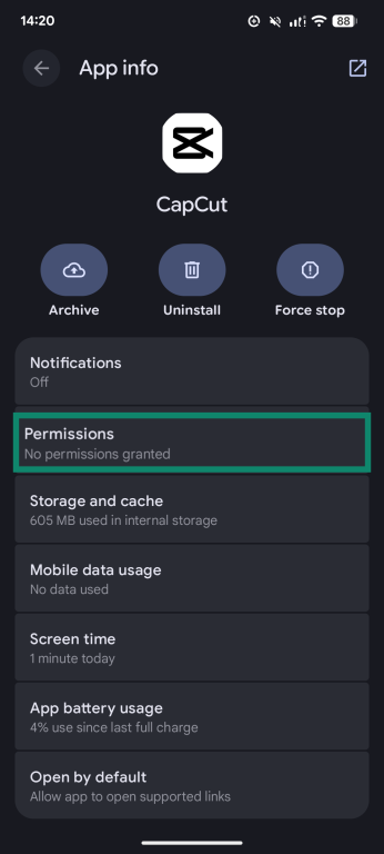 A screenshot of the CapCut app settings page in the Android Settings app, highlighting the option to adjust permissions.