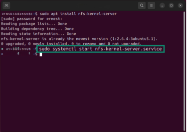 A terminal window showing the NFS server installation followed by the command to start the nfs-kernel-server service.