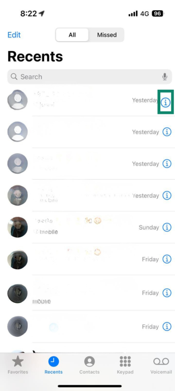 iPhone screen showing the I icon next to the recent callers.