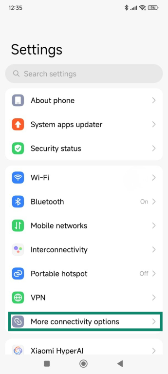 The "More connectivity options" option highlighted in the Settings menu on Android.