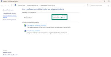 The access type and connection details highlighted in the Network and Sharing Center on WIndows.