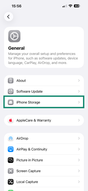 The iPhone Storage option in the iOS Settings app.