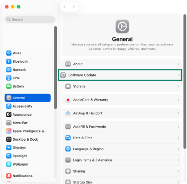 Accessing the Software Update option on macOS' System Settings.