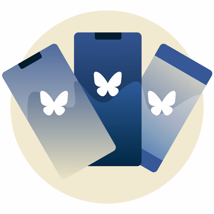 Bluesky logo on 3 phones