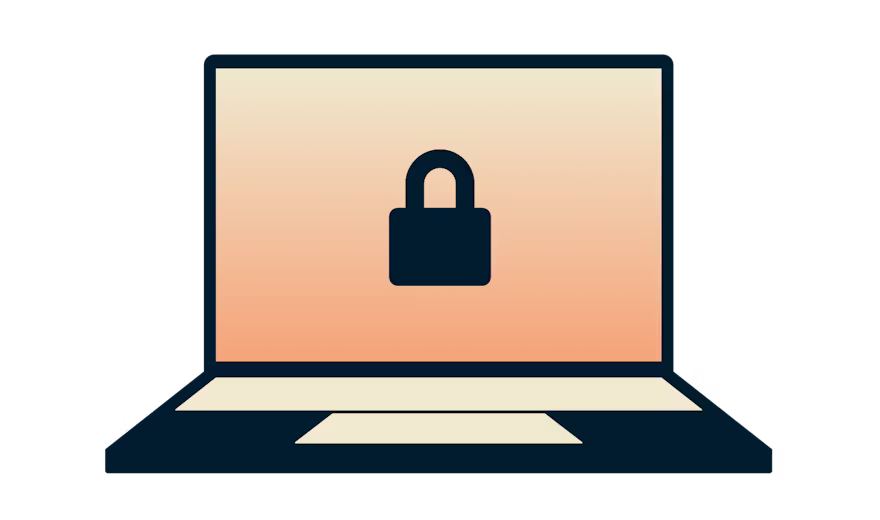 Kannettava tietokone, jossa on riippulukko oranssilla taustalla.