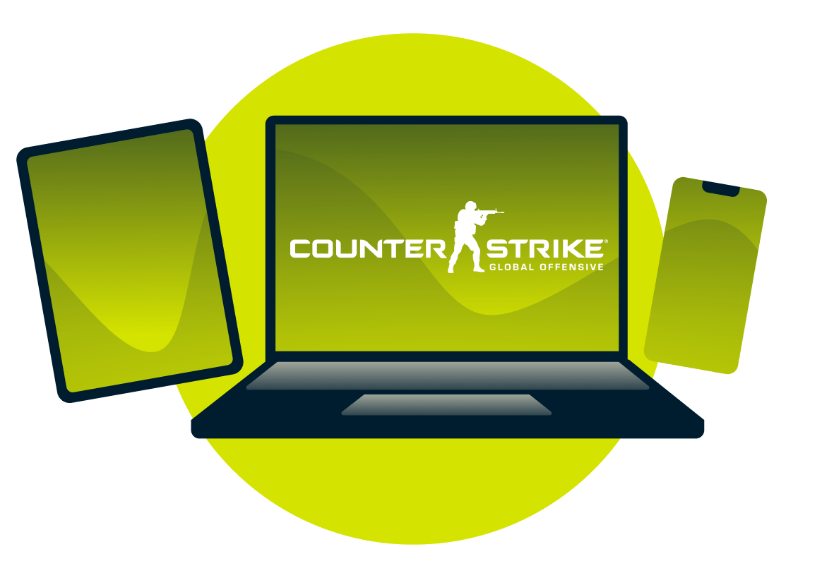 Variety of devices with the Counter-Strike: Global Offensive logo.