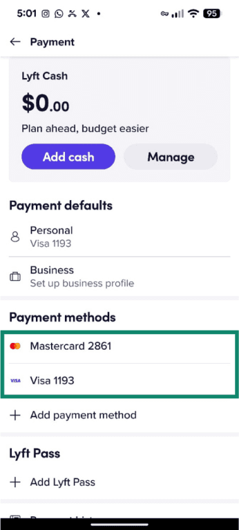 Saved payment methods on the Lyft app.