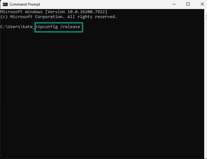 Screenshot of ipconfig /release command in Windows Command Prompt