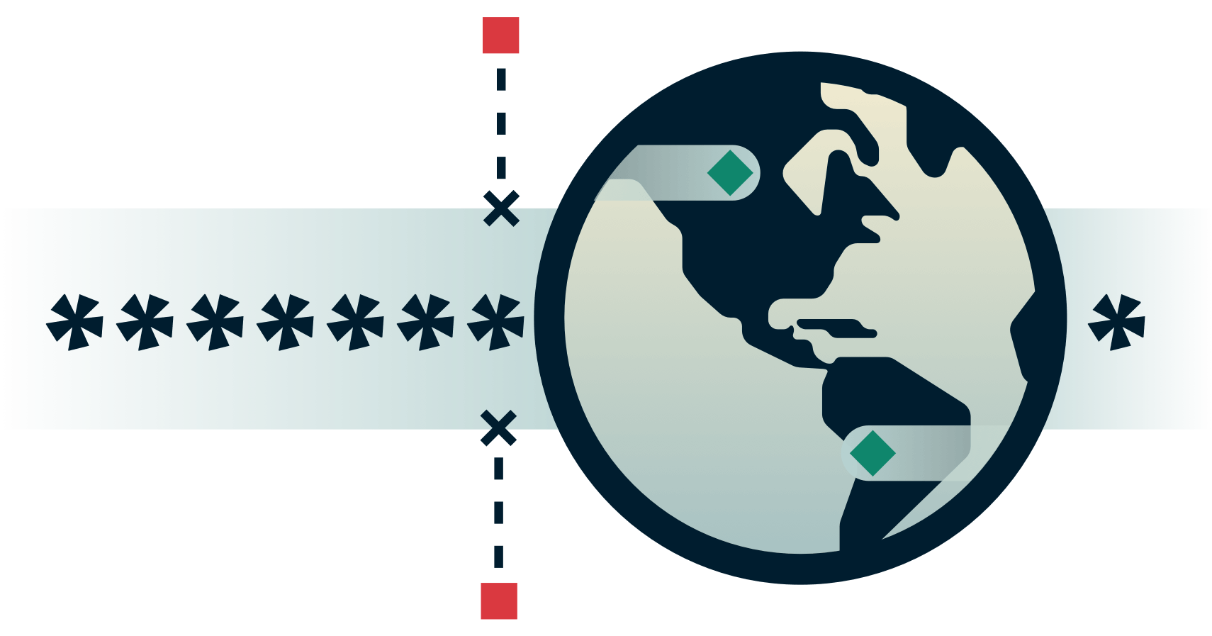 Globe with encrypted tunnel and external parties trying to get in.