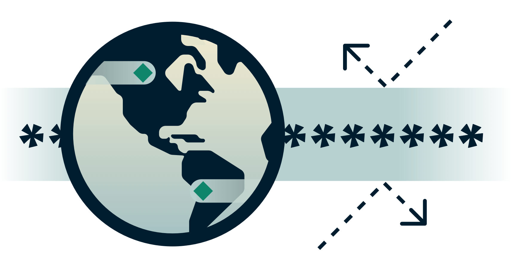 Globe with encrypted tunnel with arrows bouncing off it.