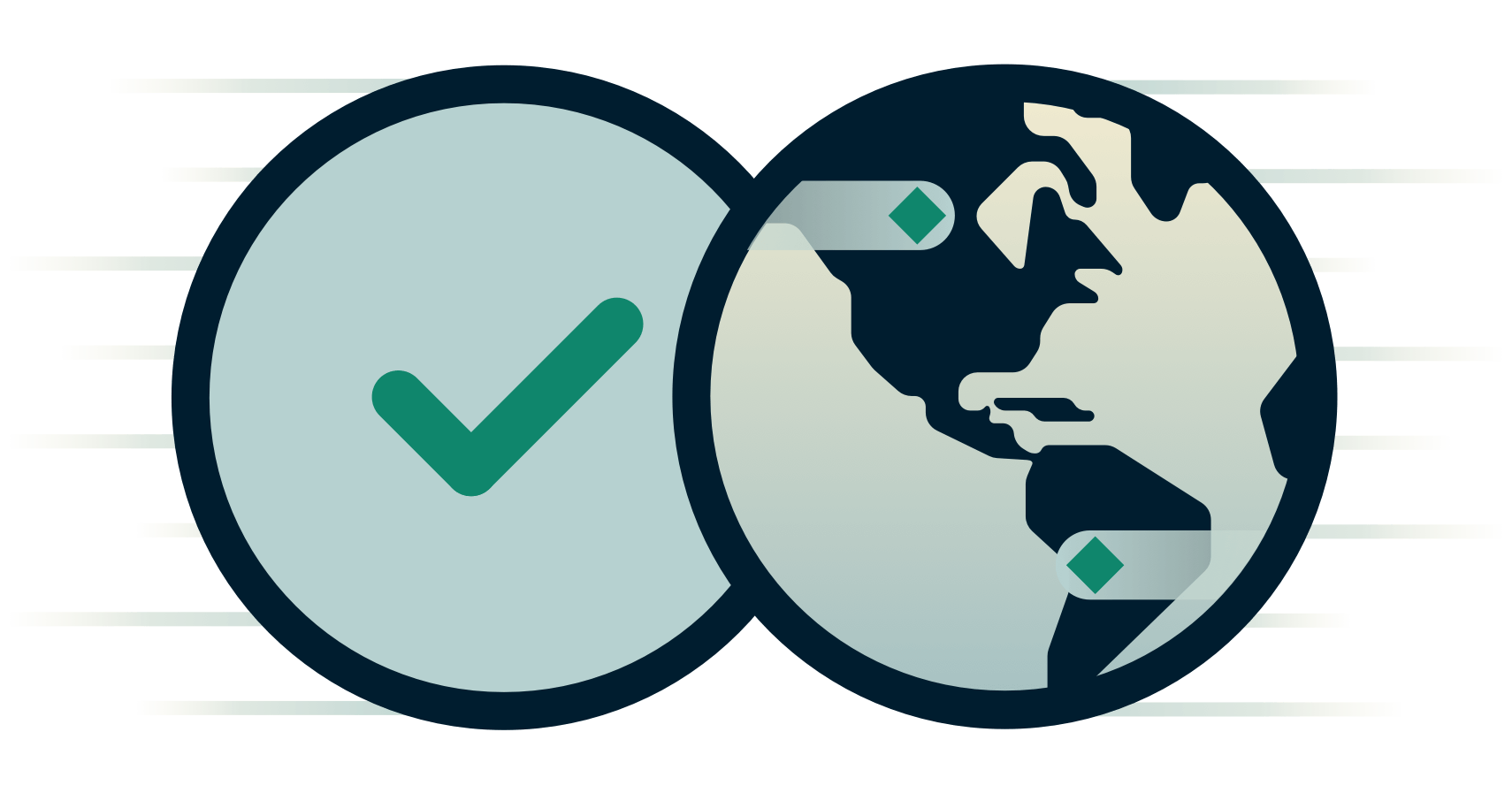 Globe next to a checkmark. 