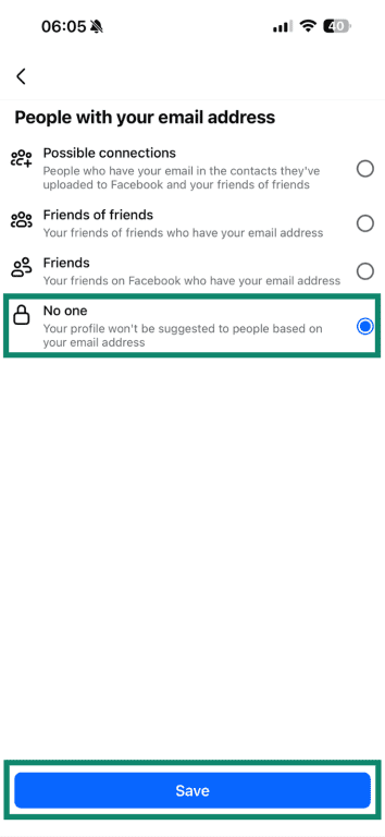 The "People with your email address" Facebook menu with the "No One" option highlighted.