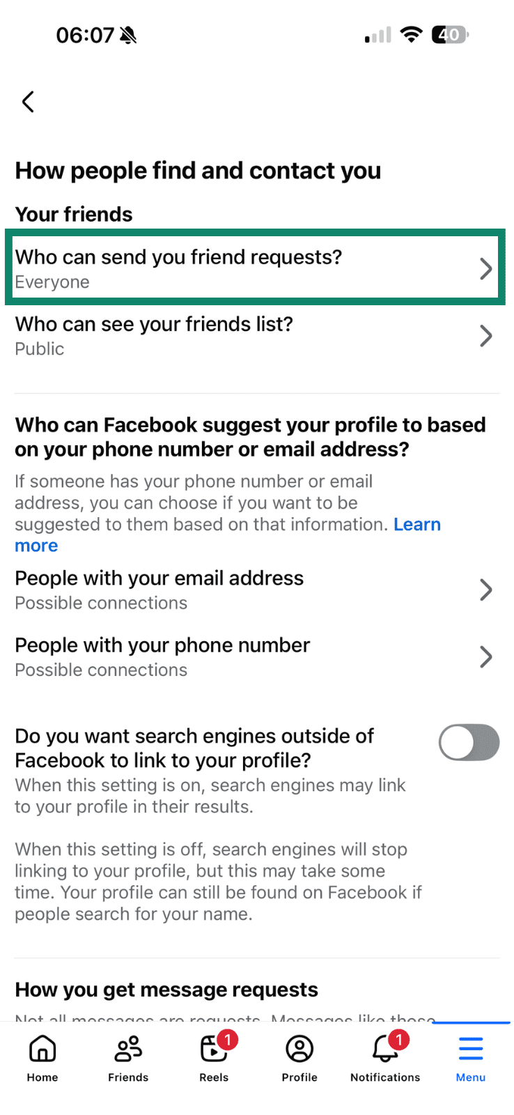 Facebook mobile menu with 