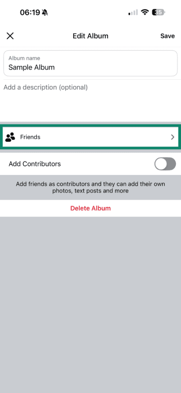 The Friends option highlighted in the Edit Album menu on Facebook mobile.
