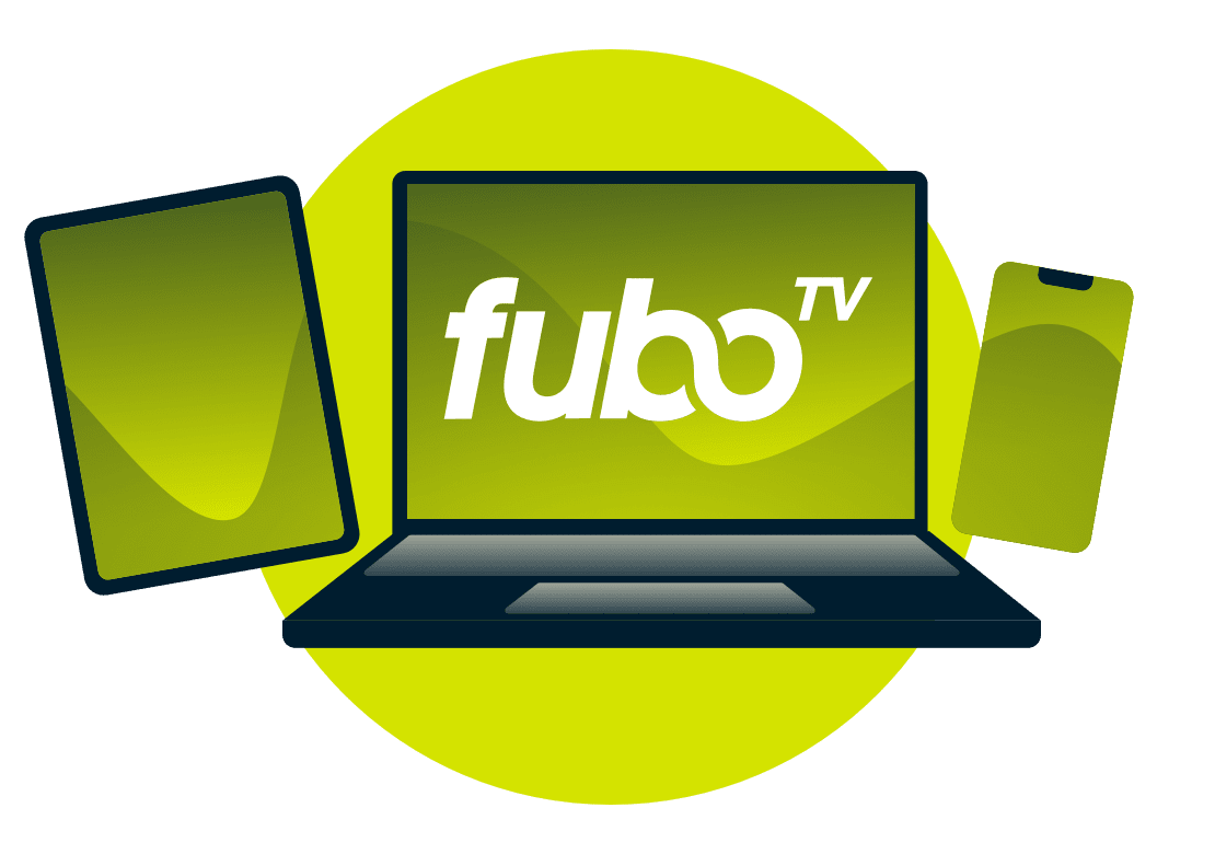 Ein Laptop, ein Tablet und ein Telefon mit dem fuboTV-Logo.