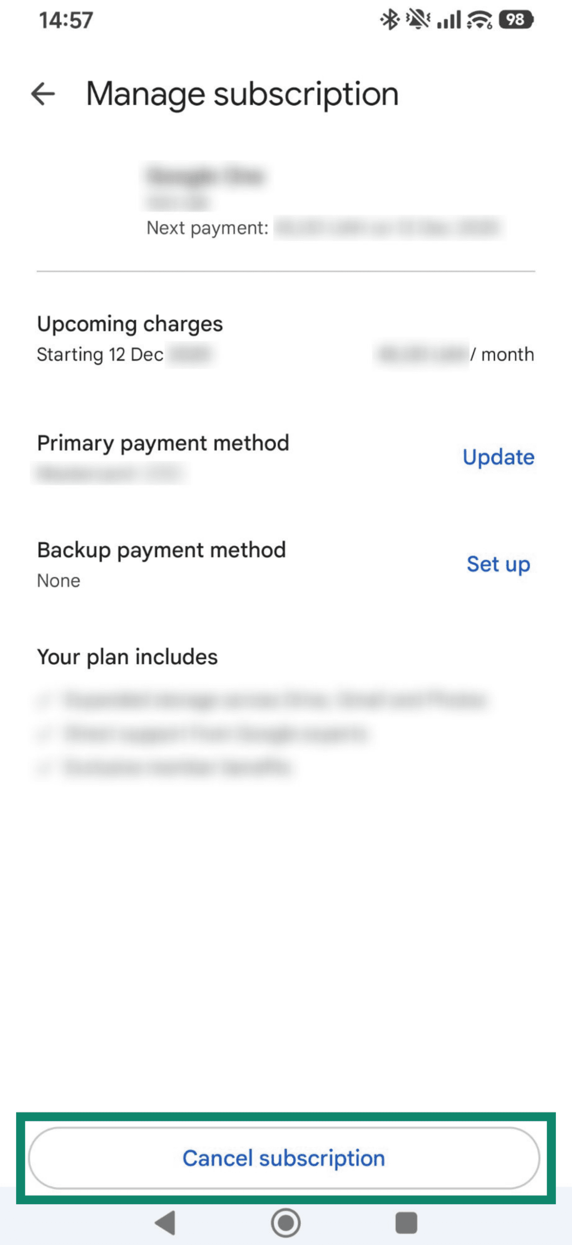 Screenshots from Android showing Google Play payments and subscription settings, highlighting Subscriptions and Active subscriptions.