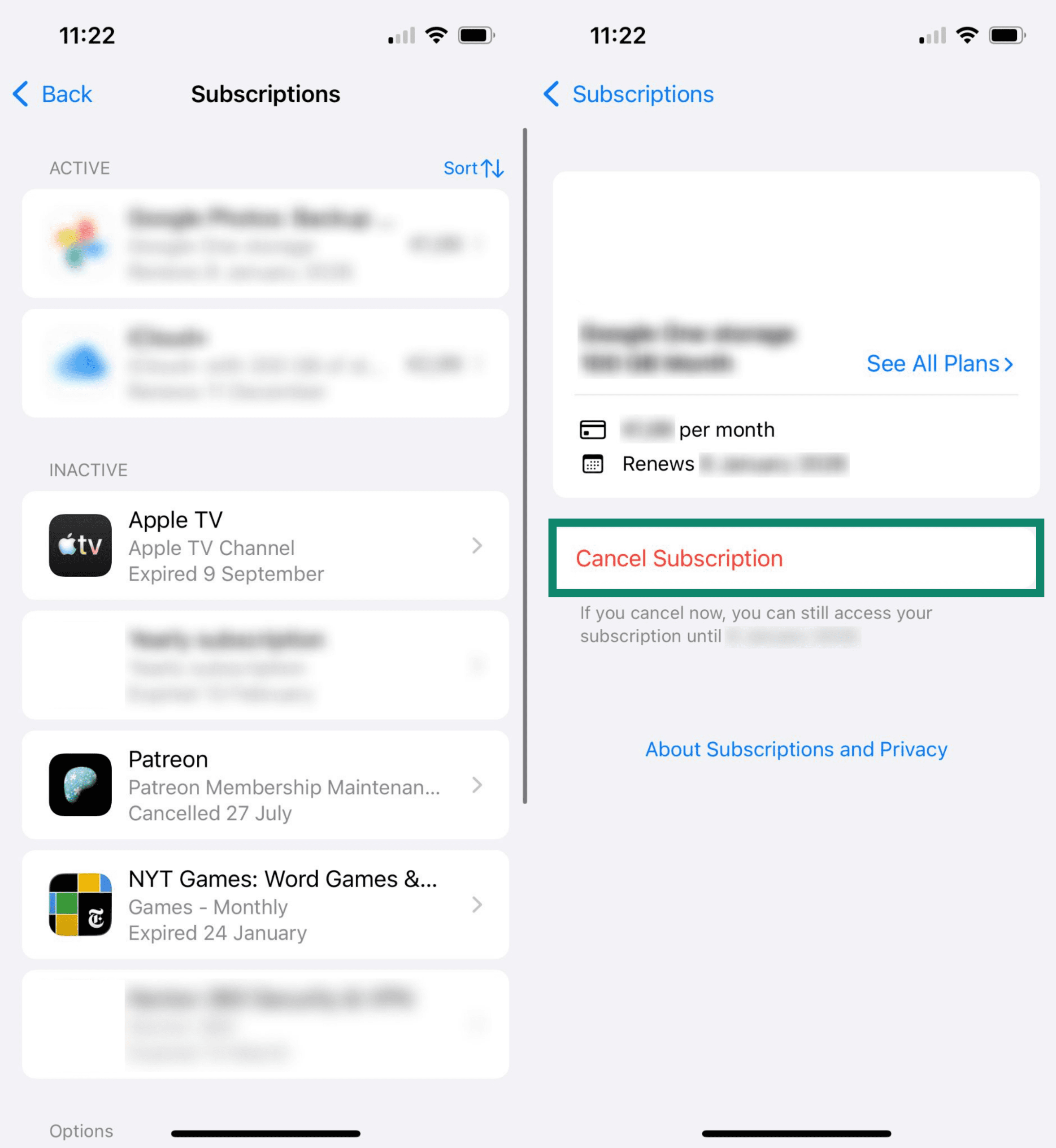 Screenshots of iOS subscription settings, highlighting the option to cancel a subscription.