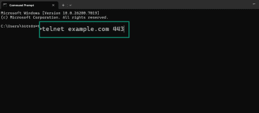 Type telnet, URL, and port number to see whether a port is open.