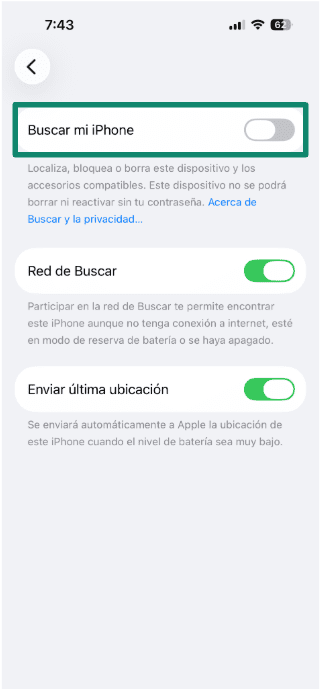 Find My iPhone settings screen showing the toggle switched off.