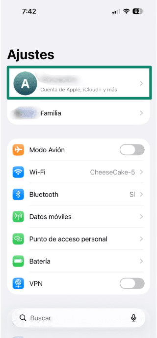 Screenshot showing Apple ID in the iPhone Settings menu