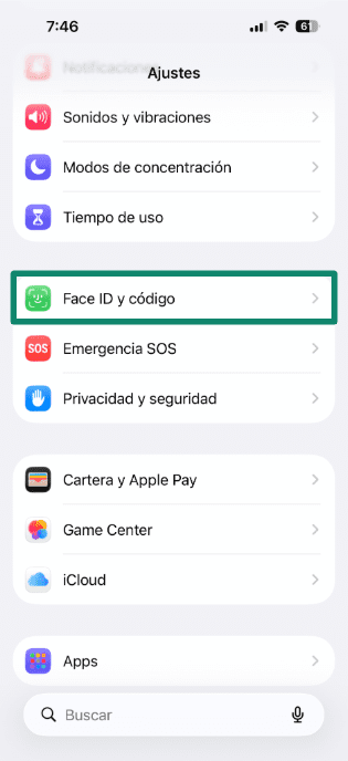 iPhone Settings screen highlighting the Face ID & Passcode option.