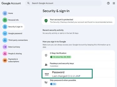 The main Google account security page is open and the Password option is highlighted.