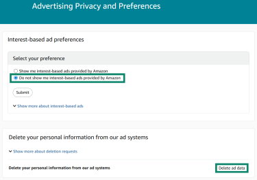 The "Advertising Privacy and Preferences" page inside the Amazon account settings. The "Do not show me interest-based ads provided by Amazon" option and "Delete ad data" button are highlighted.