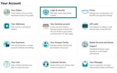 The "Your Account" section in the Amazon account menu on desktop. The "Login & security" tab is highlighted.