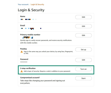 The "Login & Security" page in the Amazon account menu on desktop. The "2-step verification" option is highlighted.