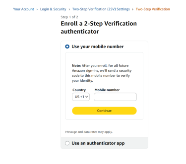 The "2-Step Verification" setup window in an Amazon account on desktop.