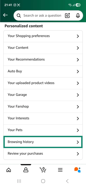 Account menu on the Android Amazon Shopping app. The "Browsing history" option is highlighted.