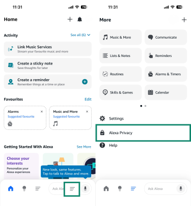two screenshots of the Alexa app side by side. The First image shows the More menu button highlighted. The second screenshot shows the Alexa Privacy button highlighted.