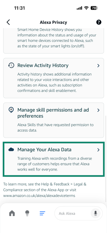 Screenshot of the Alexa app with Manage Your Alexa Data highlighted.