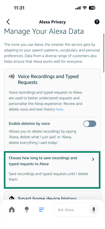 Screenshot of the Alexa app with Choose how long to save recordings highlighted.
